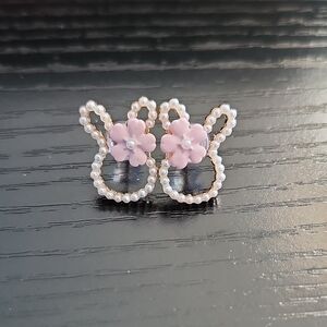 Pink Floral Pearl Bunny Earrings
